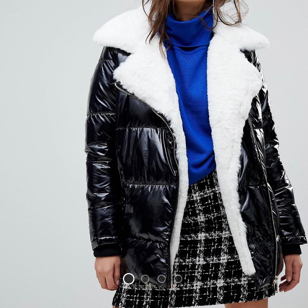 Faux Fur Lined Patent Puffer Jacket